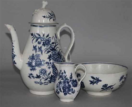 A Worcester Fence pattern coffee pot and cover, restored and a Caughley Three Flowers bowl and a milk jug